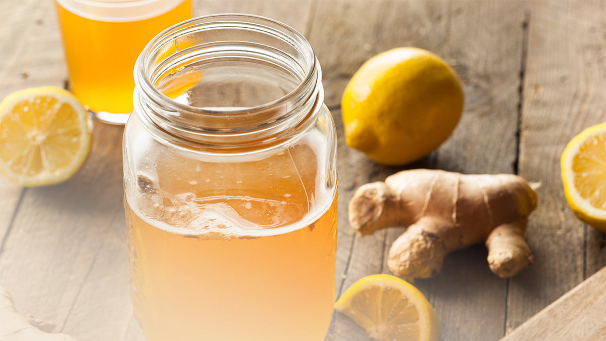 Glas Kombucha Ingwer Zitrone Ingwerwurzeln Zitronen auf Holztisch